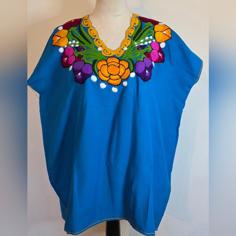 Mexican Floral Embroidered Plus Size Cotton Blouse Turquoise V-neck Handmade